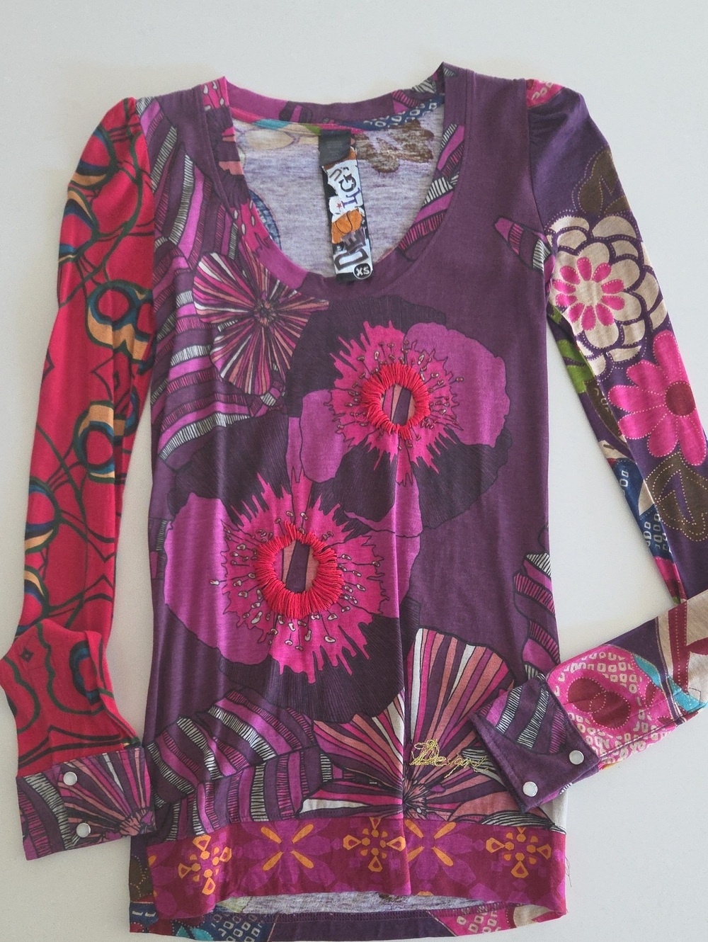 Desigual Purple and Pink Floral Long-Sleeve V-Neck Top